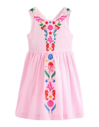 Mini Boden Girl's Harper Cotton Embroidered Cross-Back Dress in Pink Mermaid