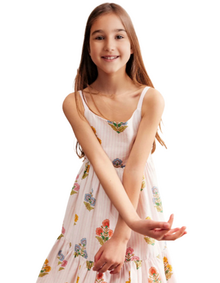 Mini Boden Girl's Tiered Twirly Sundress in Pink Woodblock Floral