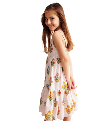 Mini Boden Girl's Tiered Twirly Sundress in Pink Woodblock Floral