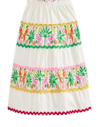 Mini Boden Girl's Tiered Twirly Ric Rac Dress in Multi Rainbow Palm