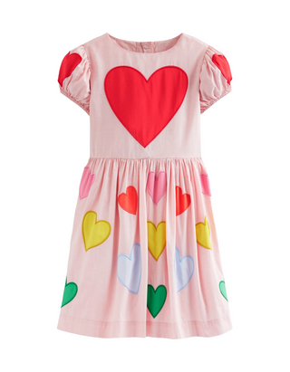 Mini Boden Girl's Puff Sleeve Heart Dress in Light Pink Hearts