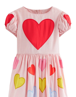 Mini Boden Girl's Puff Sleeve Heart Dress in Light Pink Hearts