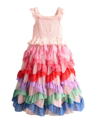 Mini Boden Girl's Maude Ruffle Tulle Dress in PInk Multi Rainbow