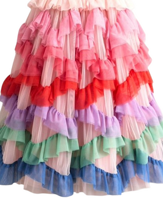 Mini Boden Girl's Maude Ruffle Tulle Dress in PInk Multi Rainbow
