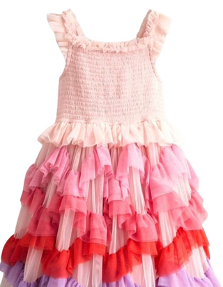 Mini Boden Girl's Maude Ruffle Tulle Dress in PInk Multi Rainbow