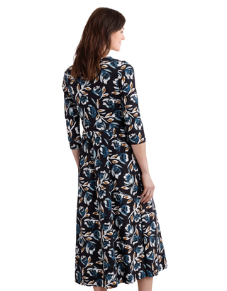 Women's Emily Waisted Dress in Black Feather Flower Onyx