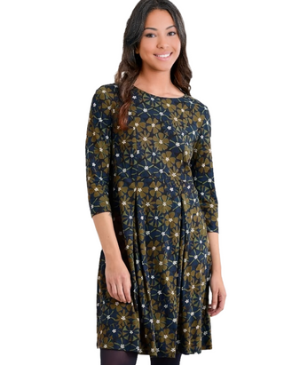 Women's 3/4 Sleeve Witch Hazel Printed Jersey Dress in Handicraft Flowers Bright Olive