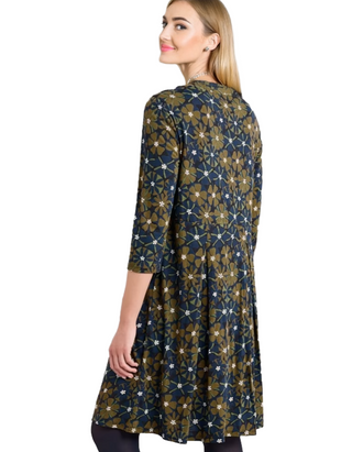 Women's 3/4 Sleeve Witch Hazel Printed Jersey Dress in Handicraft Flowers Bright Olive