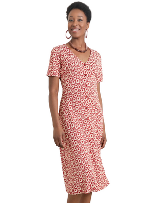 Womens Short Sleeve Lilian Tea Dress in Retro Paper Floral Crimson (Imperfect)