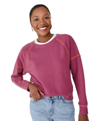 Women’s Long Sleeve Contrast Stitch Sweatshirt in Fuchsia Pink Stitch