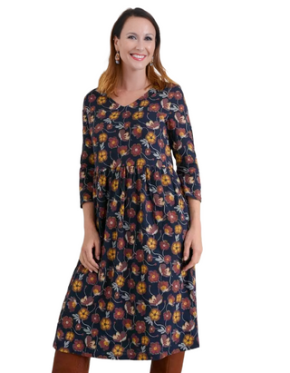 Women's 3/4 Sleeve Brush Drawing Dress in Tapestry Bloom Navy