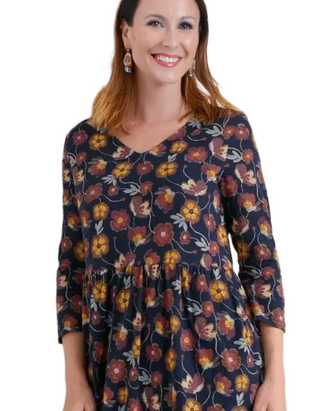 Women's 3/4 Sleeve Brush Drawing Dress in Tapestry Bloom Navy