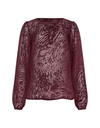 Women's Tall Animal Burnout Tie Blouse in Burgundy Red (IMPERFECT)