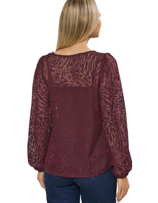 Women's Tall Animal Burnout Tie Blouse in Burgundy Red (IMPERFECT)