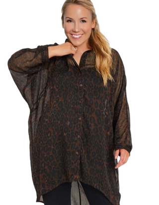 Women's Curve Leopard Print Longline Shirt in Chocolate Brown (Imperfect)