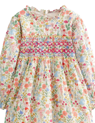 Mini Boden Girl's Cosy Smocked Dress in Vanilla White Fairies