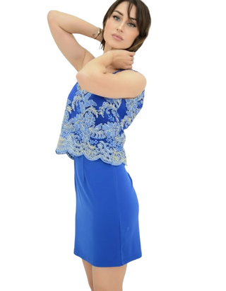 Women's Chic Royal Blue Mini Dress with Blue & Gold Lace Overlay