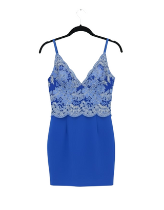 Women's Chic Royal Blue Mini Dress with Blue & Gold Lace Overlay