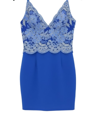 Women's Chic Royal Blue Mini Dress with Blue & Gold Lace Overlay