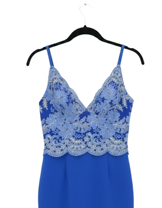Women's Chic Royal Blue Mini Dress with Blue & Gold Lace Overlay