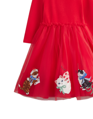Mini Boden Girls' Katie Kitten Long Sleeve Tulle Dress in Red (Imperfect)