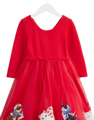 Mini Boden Girls' Katie Kitten Long Sleeve Tulle Dress in Red (Imperfect)