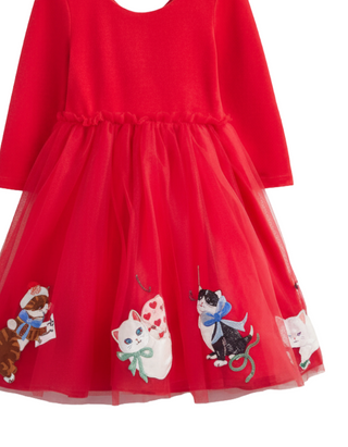 Mini Boden Girls' Katie Kitten Long Sleeve Tulle Dress in Red (Imperfect)