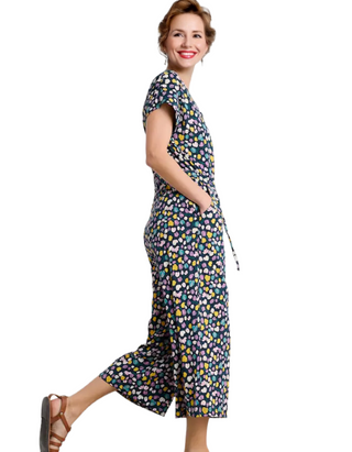 Women's Cotton Jersey Short Sleeve Wide Leg Rose Trails Jumpsuits in Spring Tulips Maritime