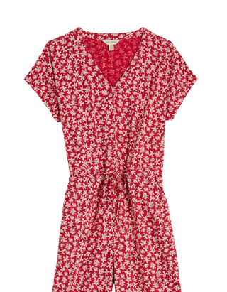Women's Cotton Jersey Short Sleeve Wide Leg Rose Trails Jumpsuits in Red Saltwater Ditsy Scarlet