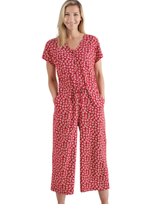 Women's Cotton Jersey Short Sleeve Wide Leg Rose Trails Jumpsuits in Red Saltwater Ditsy Scarlet