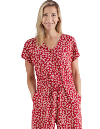 Women's Cotton Jersey Short Sleeve Wide Leg Rose Trails Jumpsuits in Red Saltwater Ditsy Scarlet