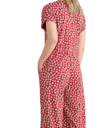 Women's Cotton Jersey Short Sleeve Wide Leg Rose Trails Jumpsuits in Red Saltwater Ditsy Scarlet