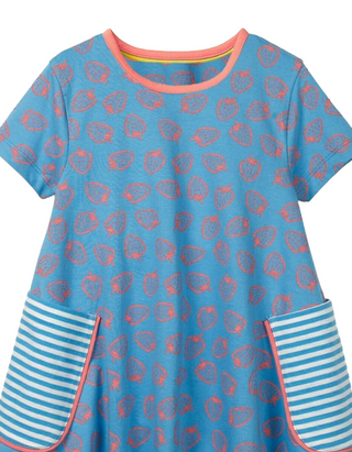 Mini Boden Girl's Short-Sleeved Printed Tunic Dress in Blue Strawberry