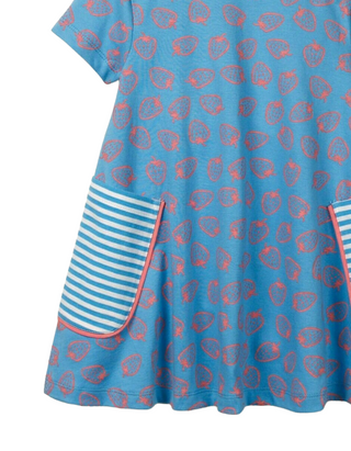 Mini Boden Girl's Short-Sleeved Printed Tunic Dress in Blue Strawberry