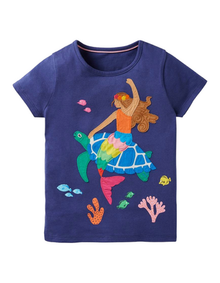 Mini Boden Girl's Big Applique T-shirt in Starboard Blue Mermaid
