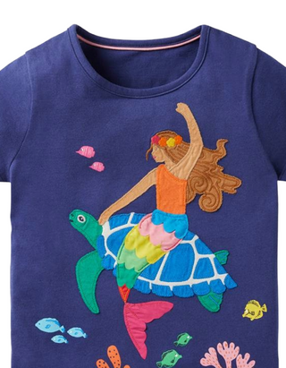 Mini Boden Girl's Big Applique T-shirt in Starboard Blue Mermaid