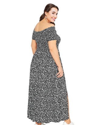 Women's Curve Floral Shirred Bardot Maxi Dress in Black (IMPERFECT)