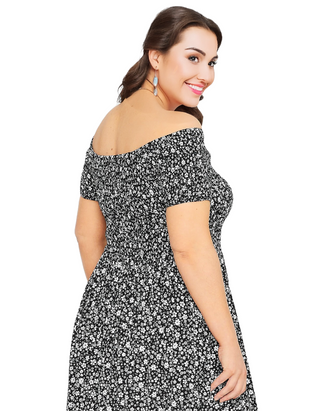 Women's Curve Floral Shirred Bardot Maxi Dress in Black (IMPERFECT)