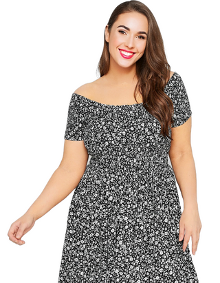 Women's Curve Floral Shirred Bardot Maxi Dress in Black (IMPERFECT)