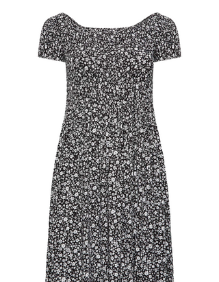 Women's Curve Floral Shirred Bardot Maxi Dress in Black (IMPERFECT)