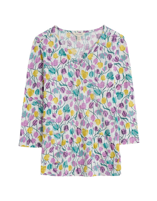 Women's 3/4 Sleeve Gypsophilia Notch Neck 100% Cotton Top in Spring Floral