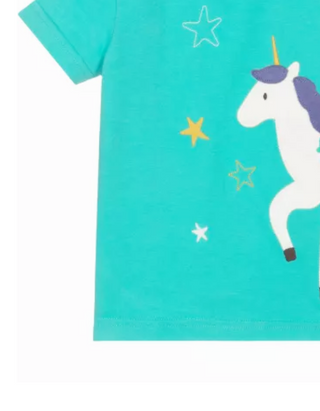 Frugi Girl's Short Sleeve Unicorn Avery Applique Top in Pacific Aqua