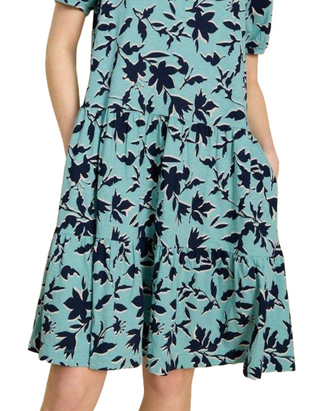Women's Clara Cotton Jersey Tiered Dress in Teal Print