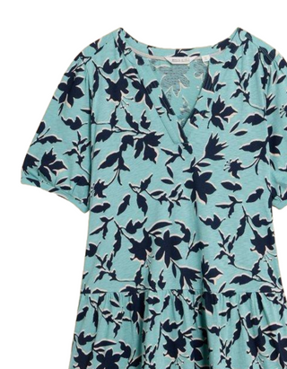 Women's Clara Cotton Jersey Tiered Dress in Teal Print