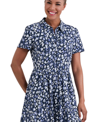 Women's Long Sleeve Mainland Jersey Dress in Meadow Harebells Maritime Navy