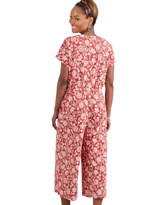 Women's Rose Trellis Wide Leg Jumpsuit in Red Carved