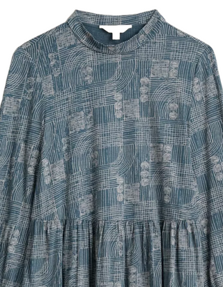 Women's Selven Dress in Blue Hatched Landscape Deep Tea