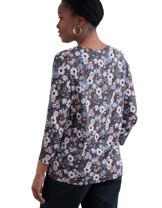 Women's Long Sleeved Top in Navy Pattern Flower Night