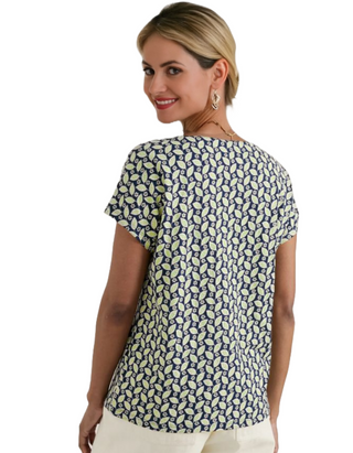 Women's Studio Glass V-neck Jersey Top Climbing Leaf Maritime