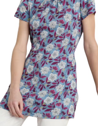 Women's Countryside Print Jersey Tunic in Blue Stone Flower Saltwater